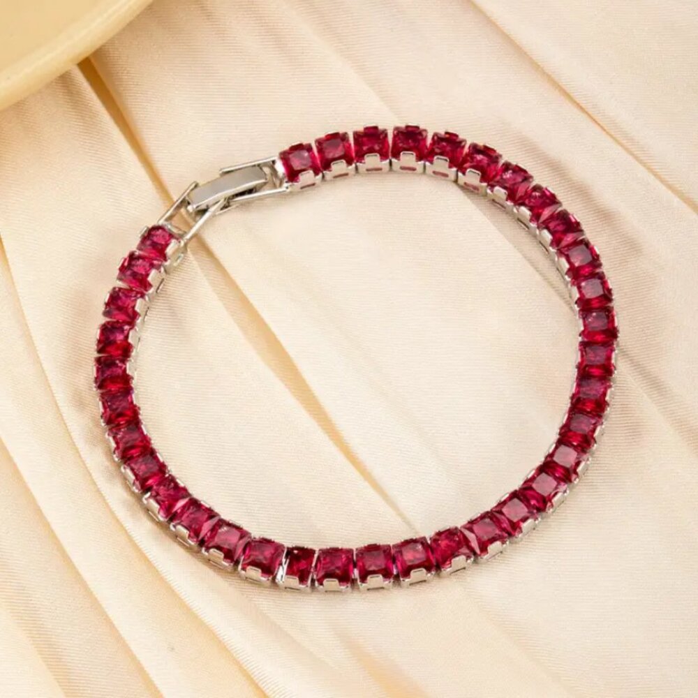 14K White Gold Womens Square 2ct Red Ruby Gemstone Tennis Bracelet Silver 7" 7in